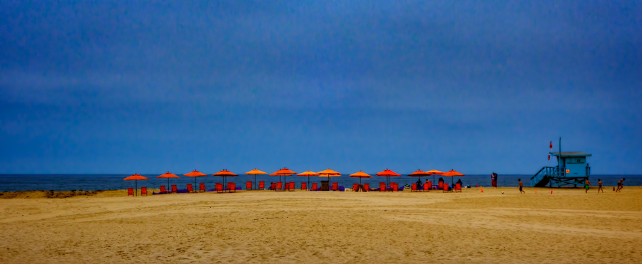 The Beach with umbrellas in Santa Monica, California
